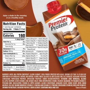 Premier Protein Protein Shake. Chocolate Peanut Butter. 30g Protein. 1g Sugar. 11 fl oz Pack of 12