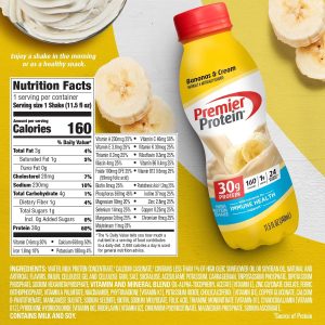 Premier Protein Shake. Bananas & Cream. 30g Protein. 1g Sugar. 24 Vitamins & Minerals. Nutrients to Support Immune Health. 12 Pack