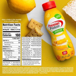 Premier Protein Shake. Limited Edition. Lemon Bar. 30g Protein. 1g Sugar. 24 Vitamins & Minerals. 11.5 oz. 12 Pack