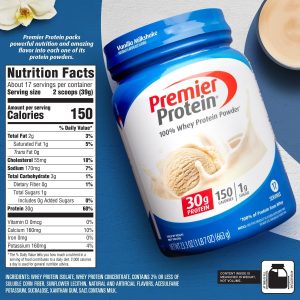 Premier Protein Powder. Vanilla Milkshake. 30g Protein. 1g Sugar. 100% Whey Protein. Keto Friendly. No Soy. Gluten Free. 23.3 oz (17 Servings)