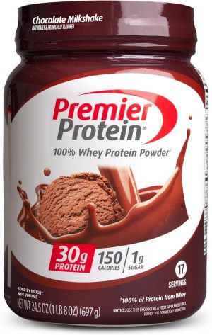 Premier Protein Powder. Chocolate Milkshake. 30g Protein. 1g Sugar. 100% Whey Protein. Keto Friendly. No Soy. Gluten Free. 24.5 oz (17 Servings)