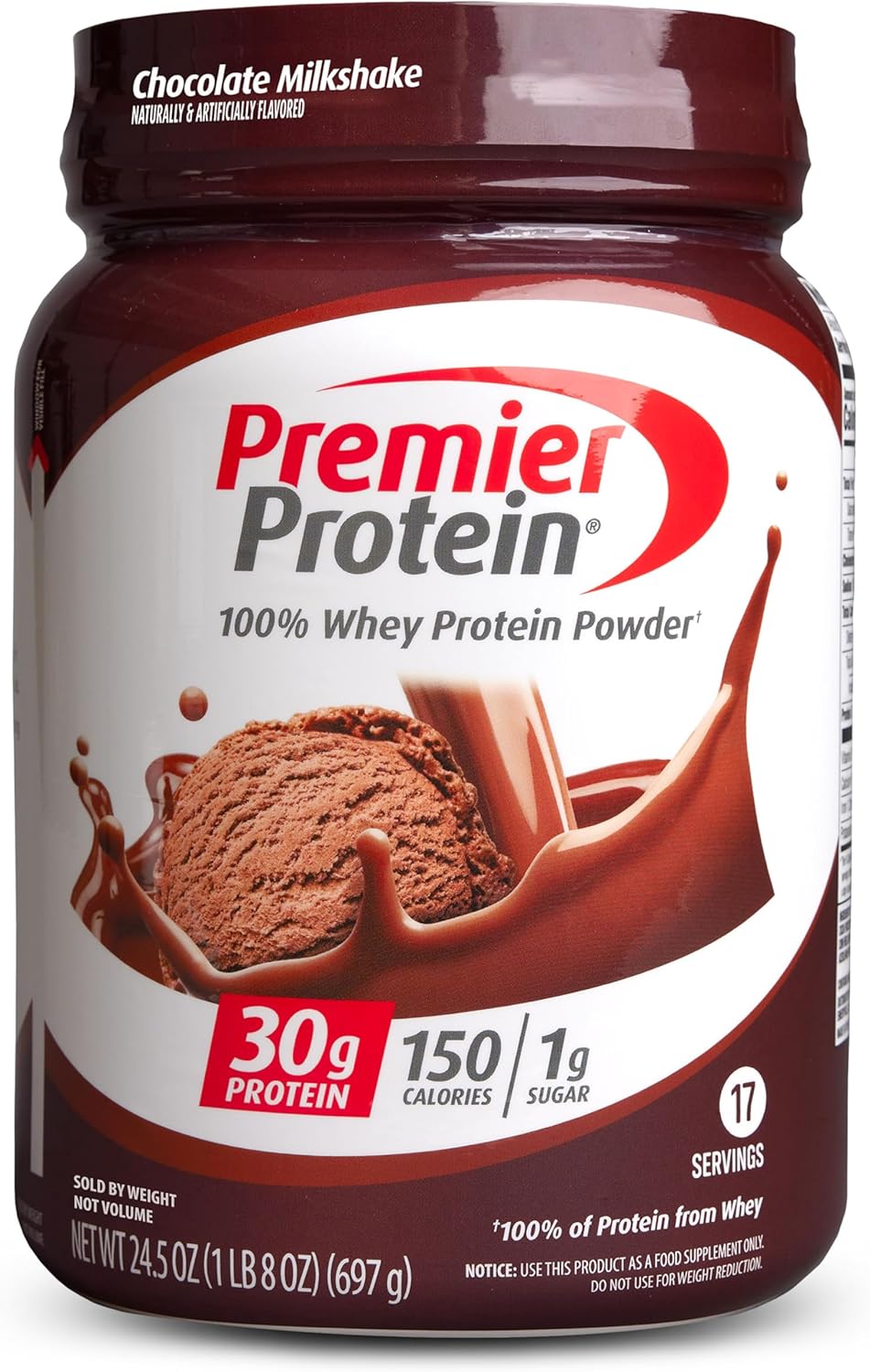 Premier Protein Powder. Chocolate Milkshake. 30g Protein. 1g Sugar. 100% Whey Protein. Keto Friendly. No Soy. Gluten Free. 24.5 oz (17 Servings)