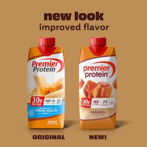 Premier Protein Shake. Caramel. 30g Protein. 1g Sugar. 24 Nutrients & Minerals to Support Immune Health. 11 Fl oz. Pack of 12