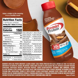 Premier Protein Shake. Chocolate Peanut Butter. 30g Protein. 1g Sugar. 24 Vitamins & Minerals. Nutrients to Support Immune Health. 11.5 Fl Oz. 12 Count