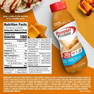 Premier Protein Shake. Caramel. 30g Protein. 1g Sugar. 24 Vitamins & Minerals. Nutrients to Support Immune Health 11.5 fl oz (12 Pack)