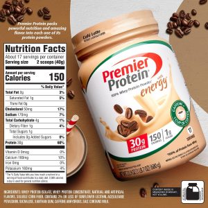 Premier Protein Powder. Café Latte. 30g Protein. 1g Sugar. 100% Whey Protein. Keto Friendly. Gluten Free. No Soy. 95mg Caffeine for Energy. 23.9 oz (17 Servings)