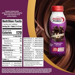 Premier Protein Indulgence Protein Shake. 30g Protein. 3g Sugar. Decadent Dark Chocolate. 11.5 fl oz. Pack of 12