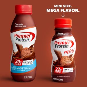 Premier Protein Shake MINIs. Chocolate. 22g Protein. 120 Calories. 1g Sugar. 8.75fl oz. Pack of 12