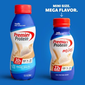 Premier Protein Shake MINIs. Vanilla. 22g Protein. 120 Calories. 1g Sugar. 8.75fl oz. Pack of 12