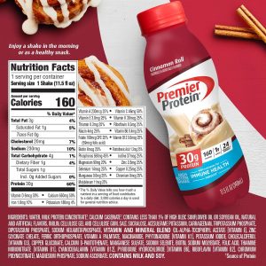 Premier Protein Shake. 30g Protein. 1g Sugar.24 Vitamins&Minerals Nutrients to Support Immune Health. Cinnamon Roll.11.5 fl oz – Pack of 12