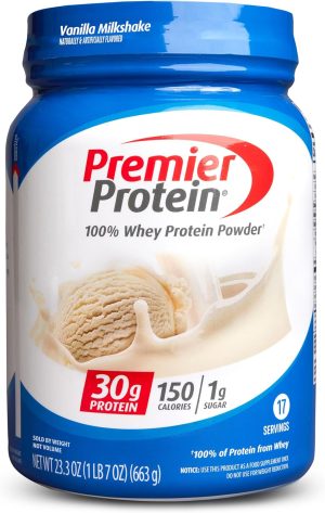 Premier Protein Powder. Vanilla Milkshake. 30g Protein. 1g Sugar. 100% Whey Protein. Keto Friendly. No Soy. Gluten Free. 23.3 oz (17 Servings)