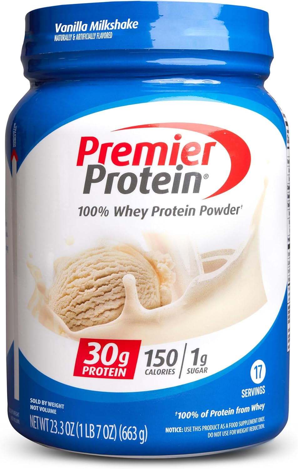 Premier Protein Powder. Vanilla Milkshake. 30g Protein. 1g Sugar. 100% Whey Protein. Keto Friendly. No Soy. Gluten Free. 23.3 oz (17 Servings)