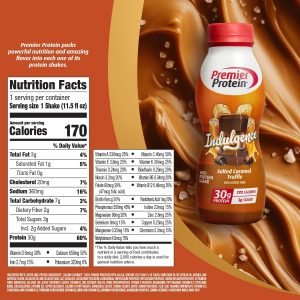 Premier Protein Indulgence Protein Shake. 30g Protein. 3g Sugar. Salted Caramel Truffle. 11.5 fl oz. Pack of 12