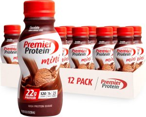 Premier Protein Shake MINIs. Chocolate. 22g Protein. 120 Calories. 1g Sugar. 8.75fl oz. Pack of 12