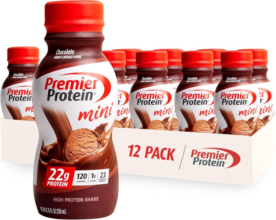 Premier Protein Shake MINIs. Chocolate. 22g Protein. 120 Calories. 1g Sugar. 8.75fl oz. Pack of 12