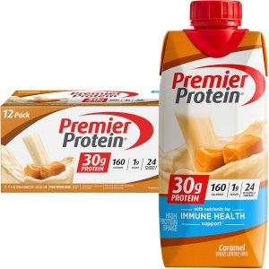 Premier Protein Shake. Caramel. 30g Protein. 1g Sugar. 24 Nutrients & Minerals to Support Immune Health. 11 Fl oz. Pack of 12