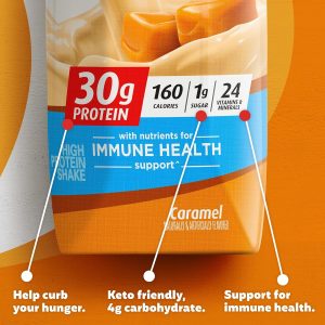 Premier Protein Shake. Caramel. 30g Protein. 1g Sugar. 24 Nutrients & Minerals to Support Immune Health. 11 Fl oz. Pack of 12