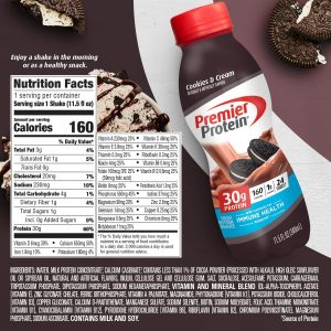 Premier Protein Shake. Cookies & Cream. 30g Protein. 1g Sugar. 24 Vitamins & Minerals. Nutrients to Support Immune Health 11.5 fl oz (12 Pack)