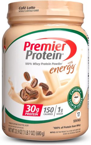 Premier Protein Powder. Café Latte. 30g Protein. 1g Sugar. 100% Whey Protein. Keto Friendly. Gluten Free. No Soy. 95mg Caffeine for Energy. 23.9 oz (17 Servings)