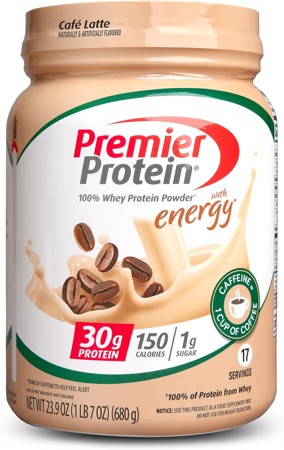 Premier Protein Powder. Café Latte. 30g Protein. 1g Sugar. 100% Whey Protein. Keto Friendly. Gluten Free. No Soy. 95mg Caffeine for Energy. 23.9 oz (17 Servings)