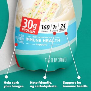 Premier Protein Shake. Cake Batter. 30g Protein. 1g Sugar. 24 Vitamins & Minerals. Nutrients to Support Immune Health. 11.5 Fl Oz. 12 Count