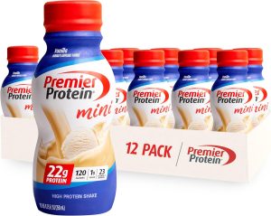 Premier Protein Shake MINIs. Vanilla. 22g Protein. 120 Calories. 1g Sugar. 8.75fl oz. Pack of 12