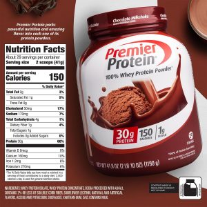Premier Protein Powder. Chocolate Milkshake. 30g Protein. 1g Sugar. No Soy. Gluten Free. 41.9oz (29 Servings)