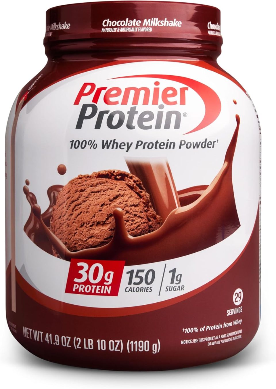 Premier Protein Powder. Chocolate Milkshake. 30g Protein. 1g Sugar. No Soy. Gluten Free. 41.9oz (29 Servings)