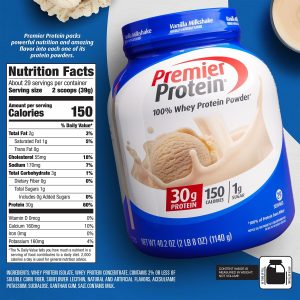 Premier Protein Powder. Vanilla Milkshake. 30g Protein. 1g Sugar. Gluten Free. No Soy. 40.2 oz (29 Servings)