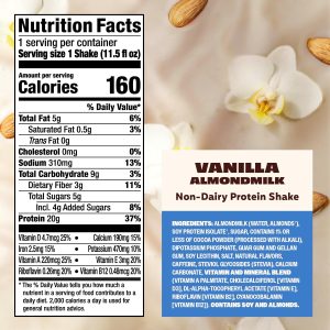 Premier Protein Almondmilk Plant Based Protein Shake. 20g Protein. 5g Sugar. 11.5 Fl oz. Vanilla. 12 Count