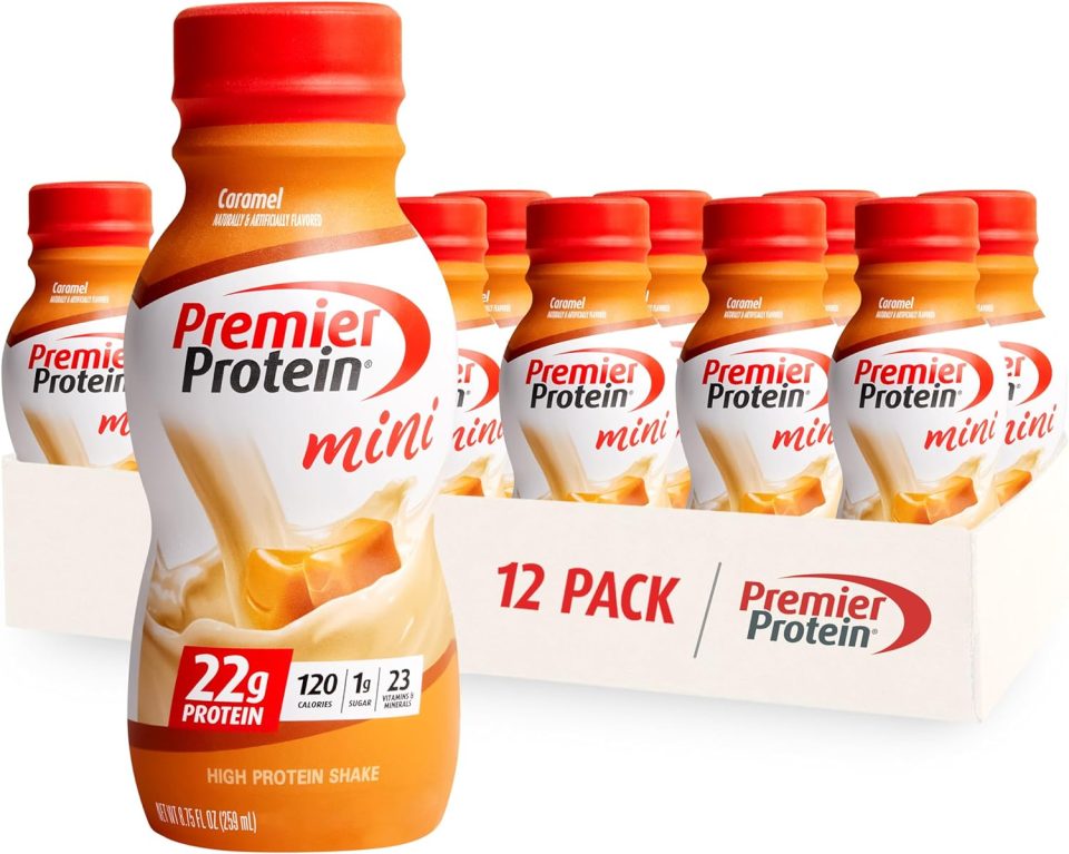 Premier Protein Shake MINIs. Caramel. 22g Protein. 120 Calories. 1g Sugar. 8.75fl oz. Pack of 12