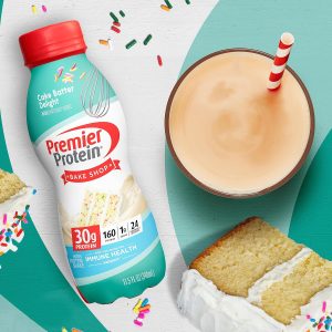 Premier Protein Shake. Cake Batter. 30g Protein. 1g Sugar. 24 Vitamins & Minerals. Nutrients to Support Immune Health. 11.5 Fl Oz. 12 Count