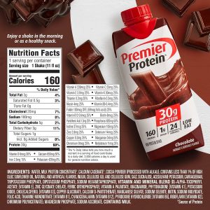 Premier Protein Shake. Chocolate. 30g Protein. 1g Sugar. 24 Vitamins & Minerals. Nutrients to Support Immune Health. 4 Count. 44 Fl Oz