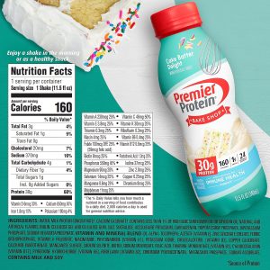 Premier Protein Shake. Cake Batter. 30g Protein. 1g Sugar. 24 Vitamins & Minerals. Nutrients to Support Immune Health. 11.5 Fl Oz. 12 Count