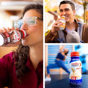 Premier Protein Shake MINIs. Chocolate. 22g Protein. 120 Calories. 1g Sugar. 8.75fl oz. Pack of 12