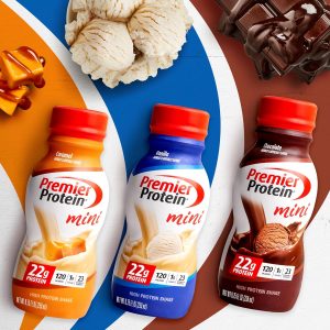 Premier Protein Shake MINIs. Chocolate. 22g Protein. 120 Calories. 1g Sugar. 8.75fl oz. Pack of 12