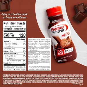 Premier Protein Shake MINIs. Chocolate. 22g Protein. 120 Calories. 1g Sugar. 8.75fl oz. Pack of 12